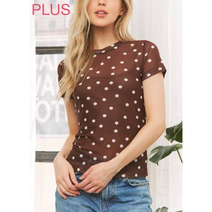 10121X Plus Size Polka Dot Mesh Print Slim Fit Kurzarm für den Großhandel von Coloring You