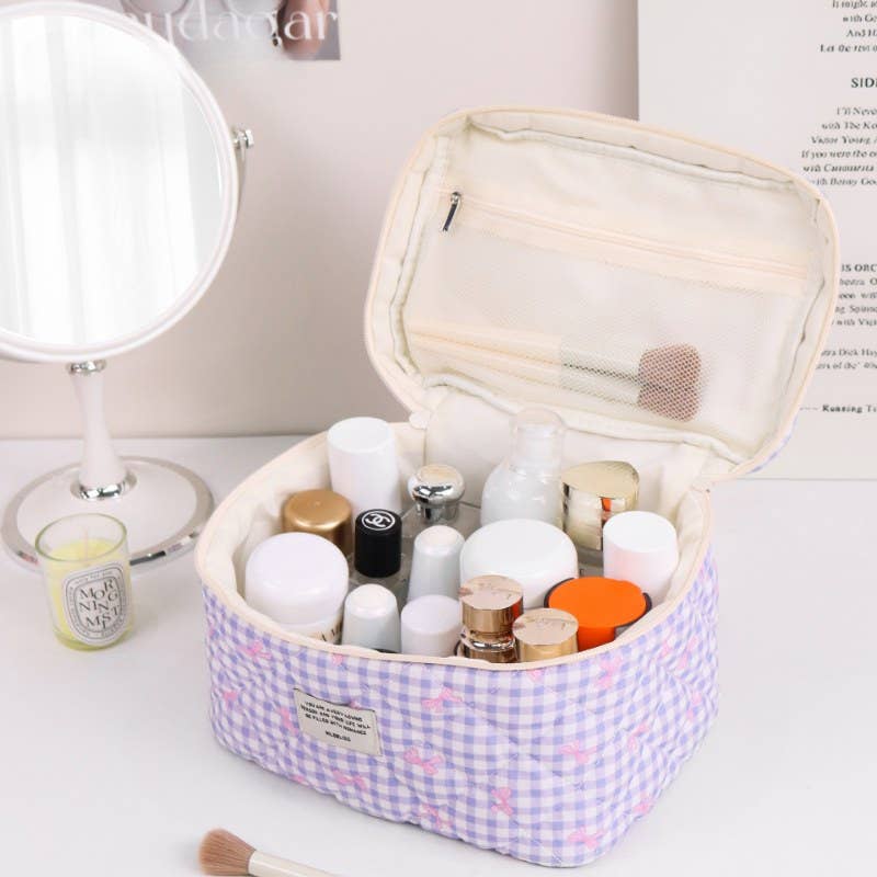 Dipped Shop – wholesale Sminkväska – Sminkväska med rosett, färgblock och rutmönster DPB25047