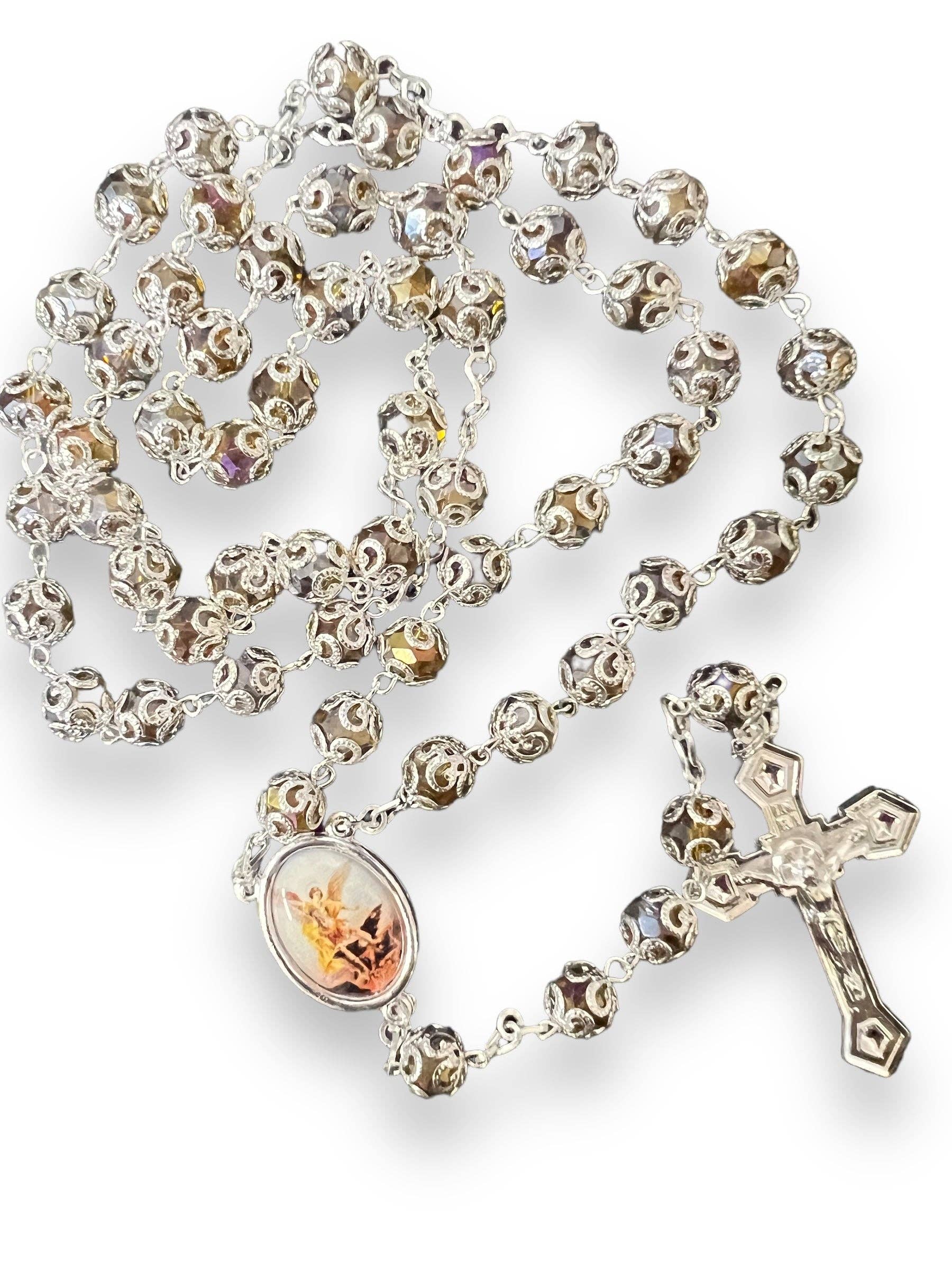 SAN JUDITAS RELIGIOUS ARTICLES - Wholesale Prayer Beads Necklace - CRYSTAL CAPPED ROSARY: AMBER -ST. MICHAEL ARCHANGEL2