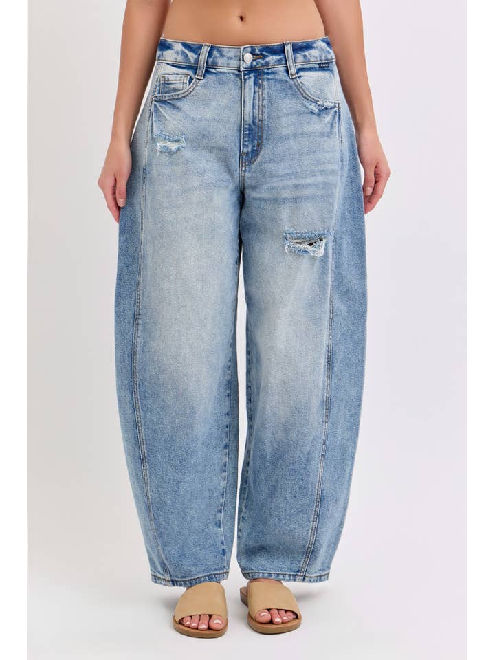 Cello Jeans - Wholesale Jeans - Women's - WV79502BR-MD Mid Waisted Barrel Jeans with Side Panels