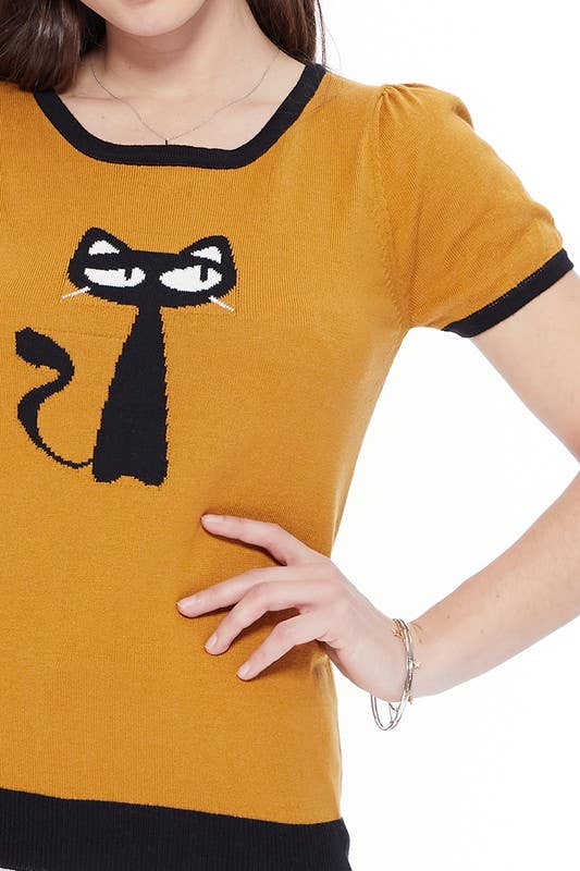 Mak - Wholesale Knit Sweater - Women's - Short Sleeve Crewneck Cat Print Casual T-Shirt Sweater4