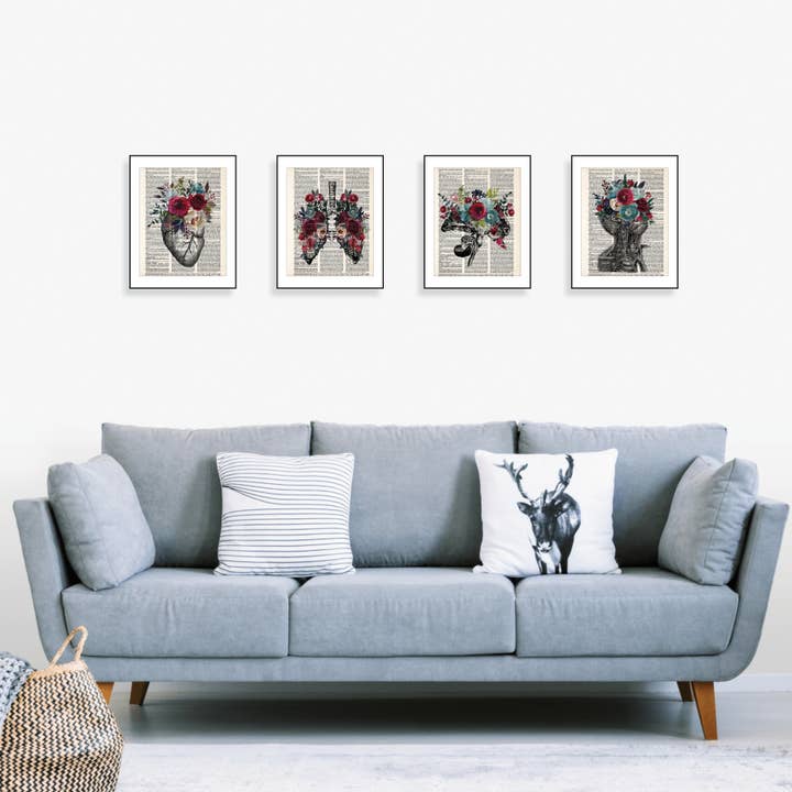 Blue Twist & Co - Vente Affiche d'art - Art en forme de cœur avec rose, violet, jaune, doré - Anatomy Art