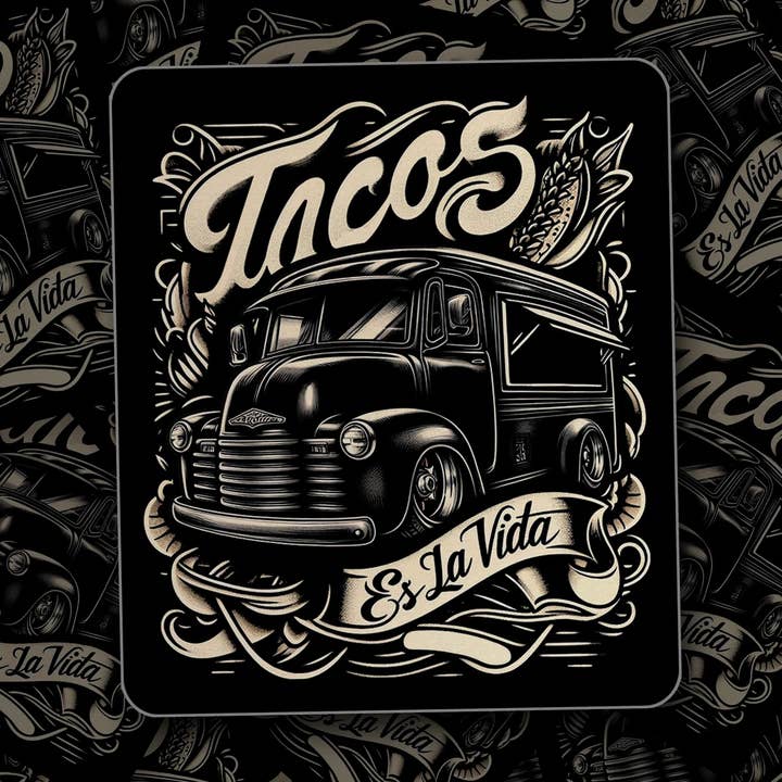 Tacos - Es La Vida Low Rider Taco Truck Sticker for wholesale by Taco Gear