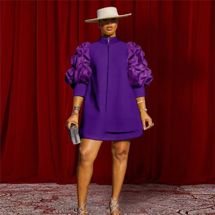 FurDecoration - Wholesale Dress - Women's - Solid Color Short Dress With Stand Collar And Pleated Sleeves