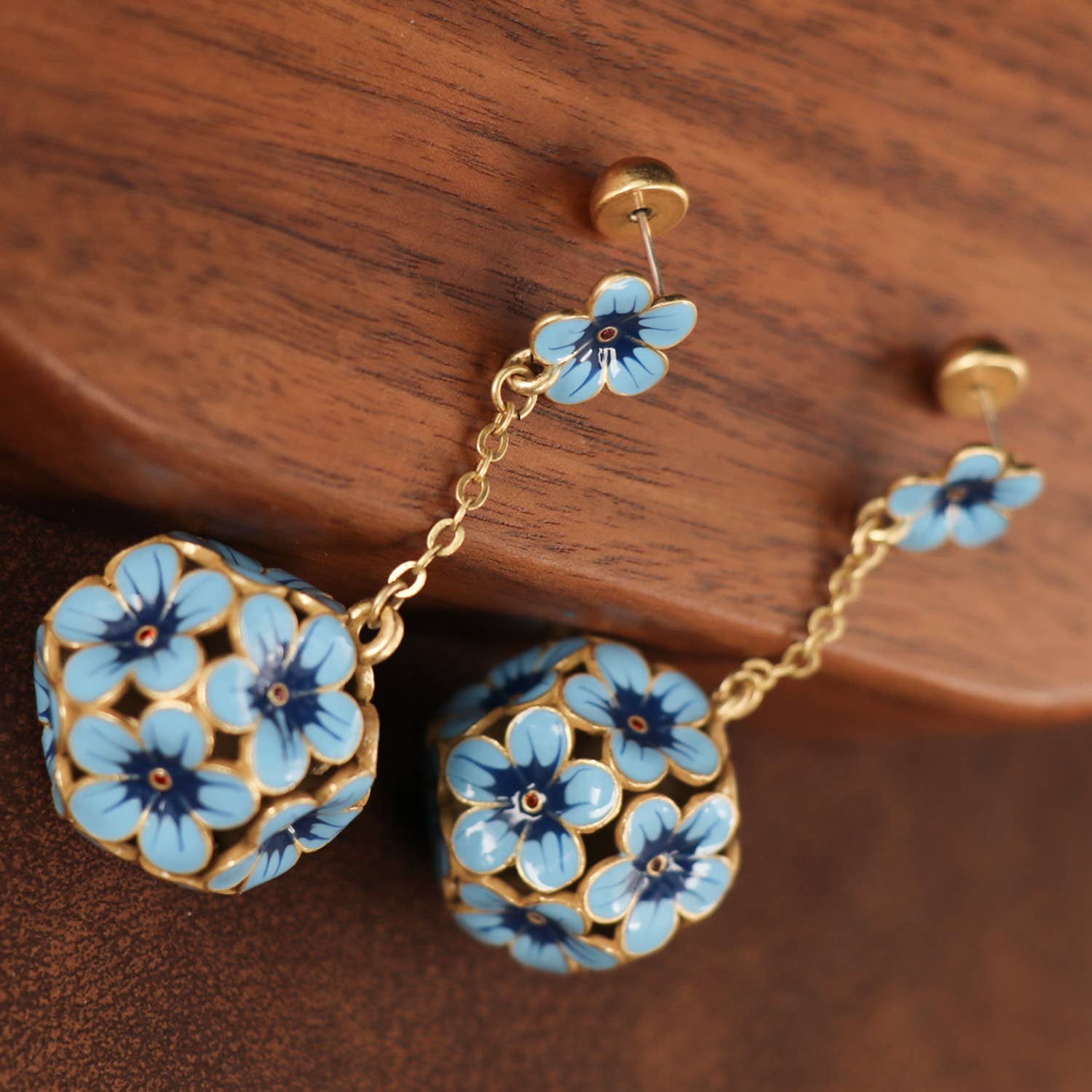 GirlyPirateCo - Wholesale Dangle Earrings - Charming Blue Enamel Floral Drop Earrings with Gold Plated2