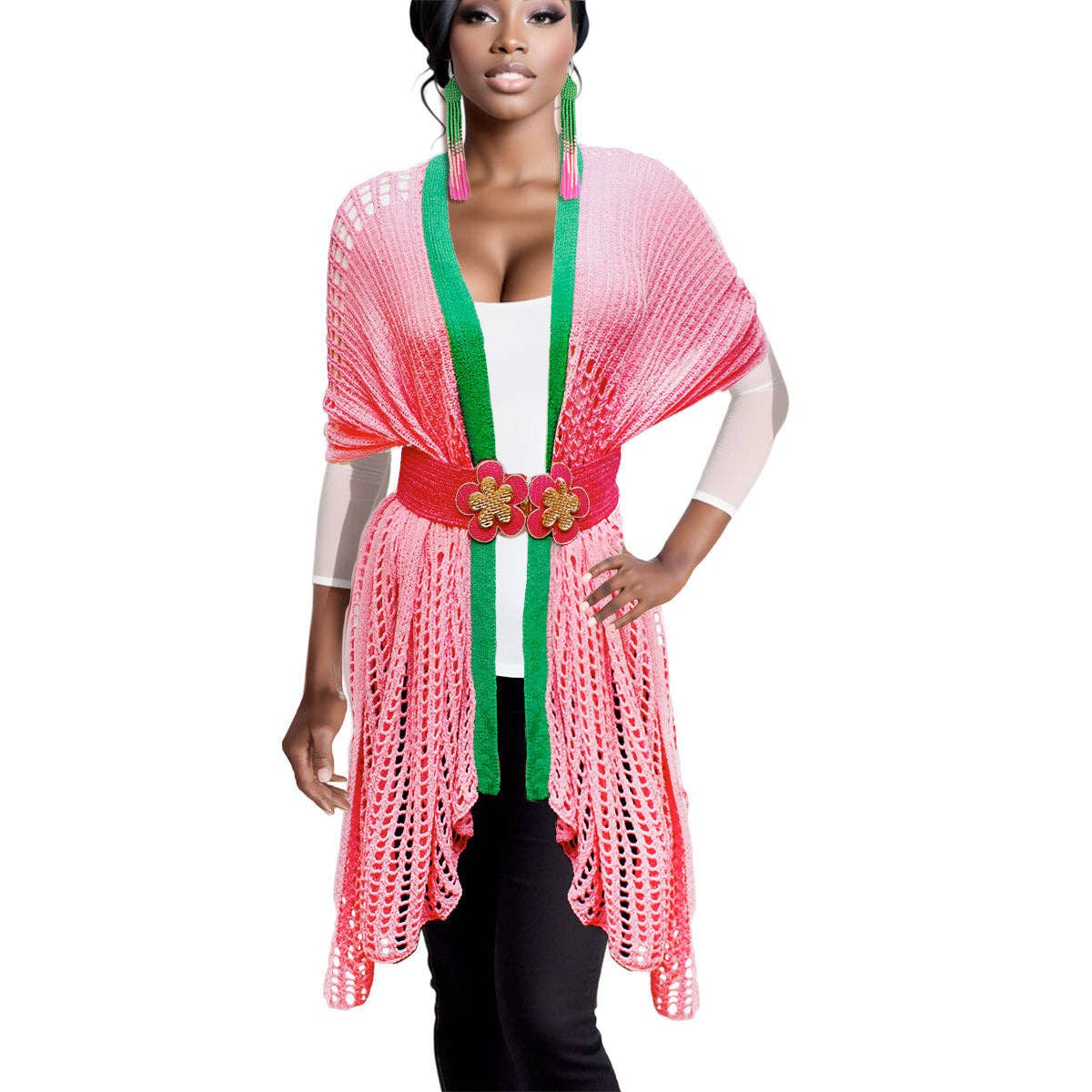 Ruana Kimono Pink and Green Crochet for Women for wholesale on Faire4