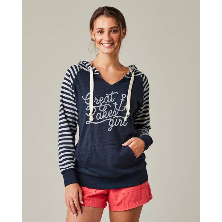 Great Lakes Girl Striped Women's Hoodie for wholesale by Live Love Michigan