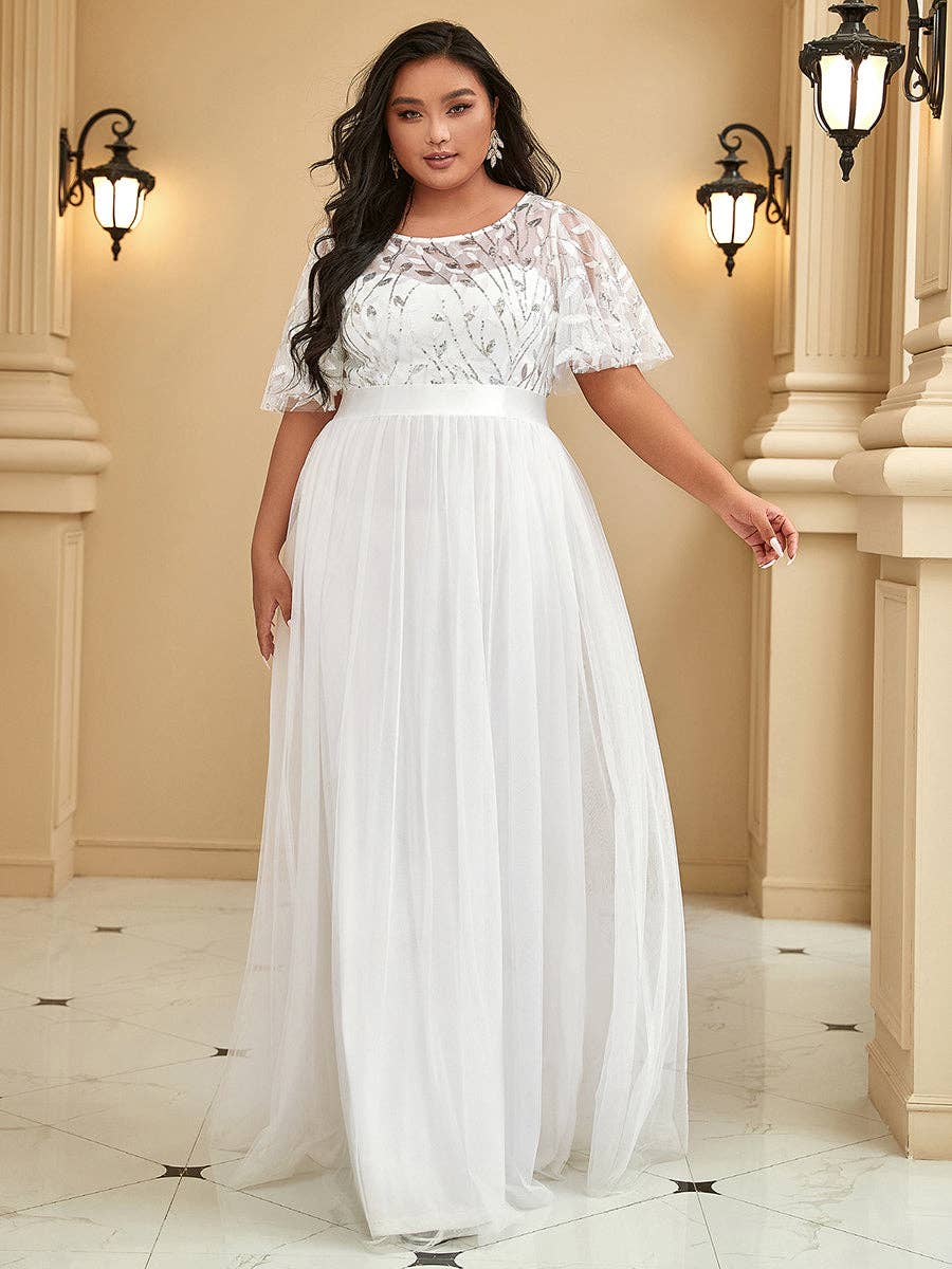 Ever-Pretty - Vente Robe de soirée – femme - Robe de soirée grande taille à imprimé pailleté avec manches courtes volantées12