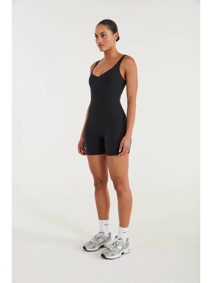 Black EcoSculpt V-Neck Unitard for wholesale on Faire