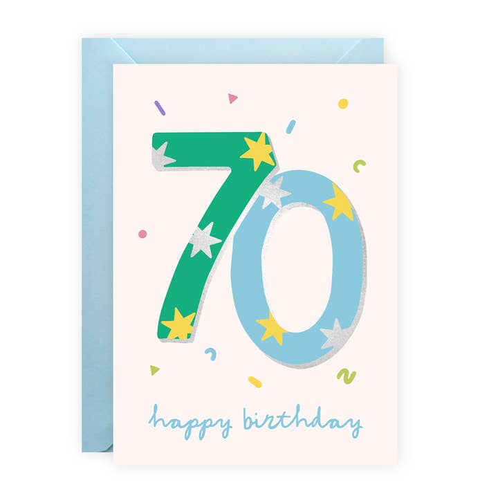 Foiled Unisex 70th Birthday Card - Age Seventy - Stars for wholesale by Painted Parasol Studio