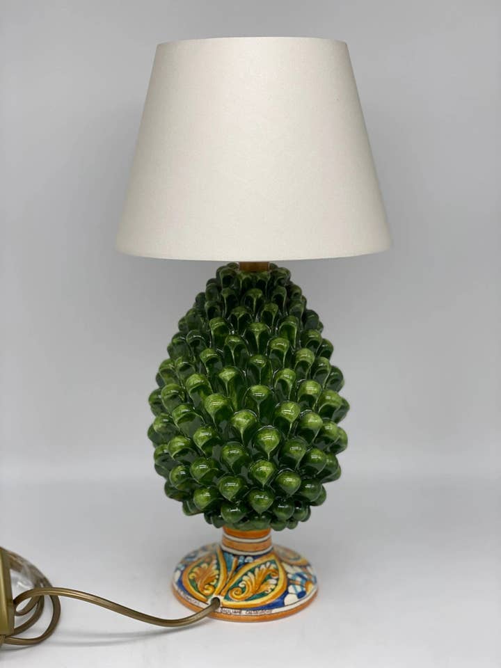 Caltagirone Ceramic Pine Cone Lamp cm H.25 Handcrafted Lawn Green Decorated Base for wholesale by DD Ceramiche Siciliane