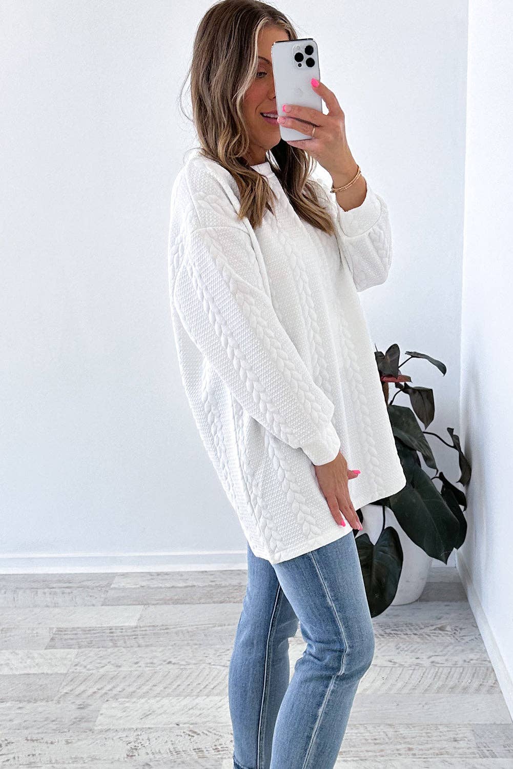 White Cable Textured Loose Plus Size Sweatshirt for wholesale on Faire2