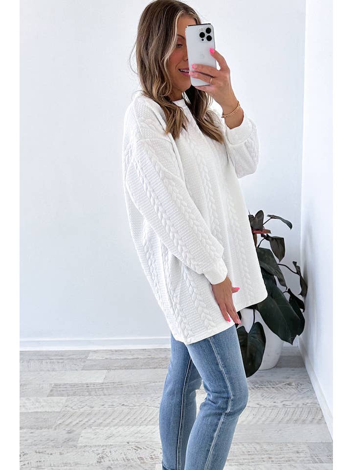 White Cable Textured Loose Plus Size Sweatshirt for wholesale on Faire2