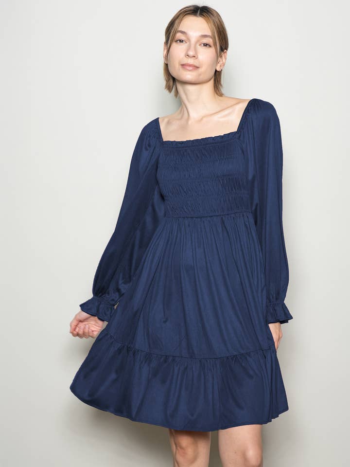 Wide Flare Square Neck Suede Swing Dress with Pockets for wholesale by Elloh Collection