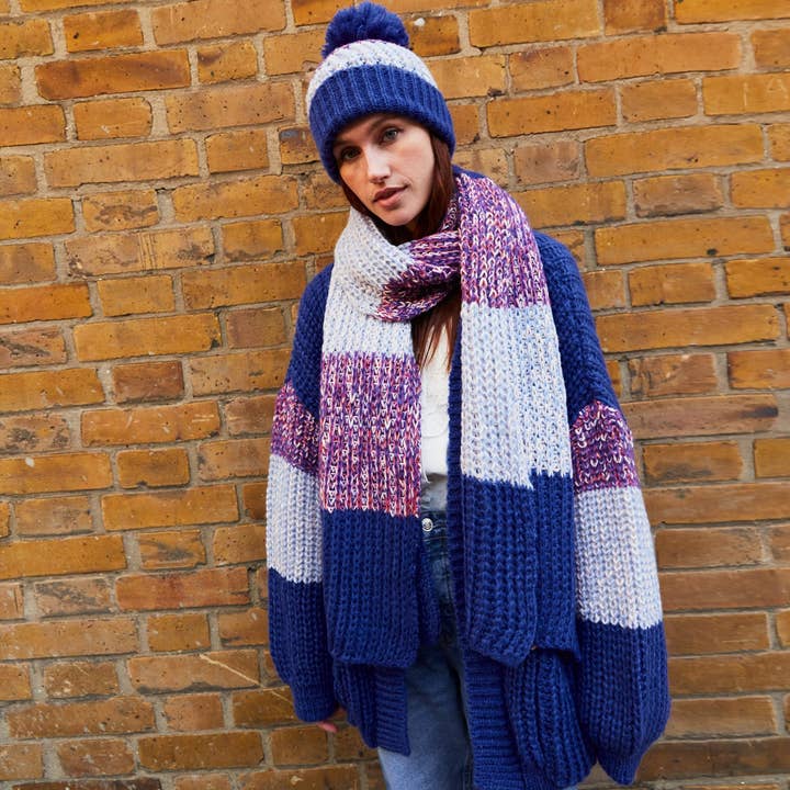 Cara & The Sky - Wholesale Beanie - Women's - Phoebe Stripe Beanie Bobble Hat - Cobalt Blue2