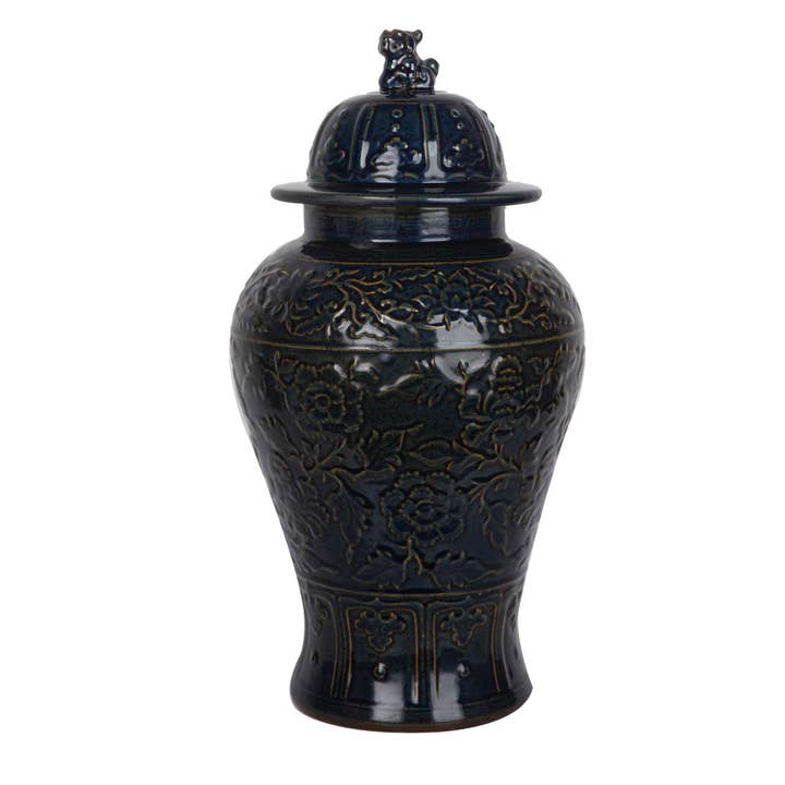 Carved Flower Temple Jar Speckled Indigo for wholesale by Legend Accents