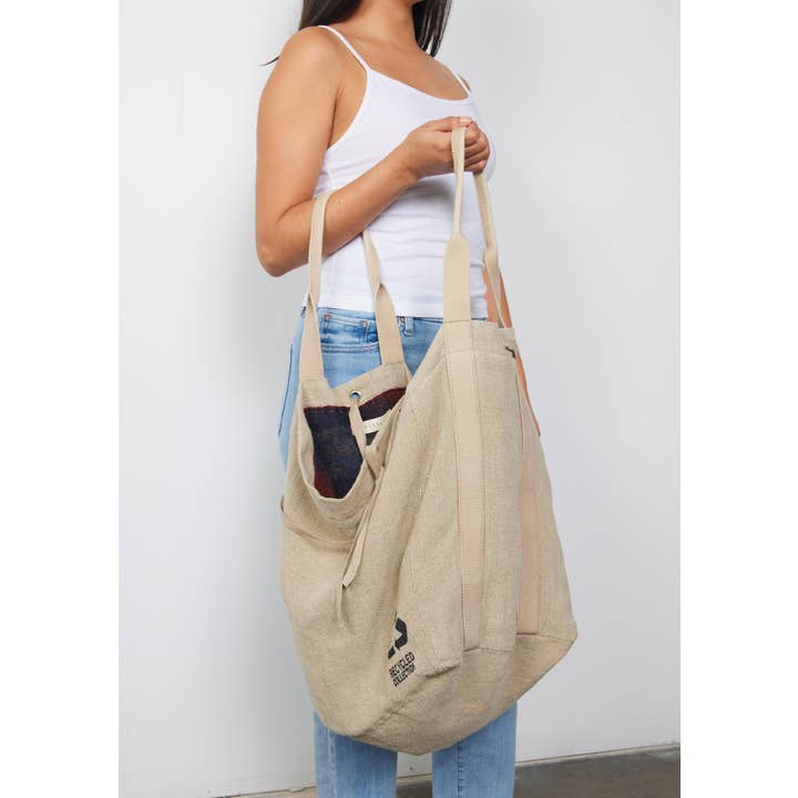 Large Reversible Canvas Tote Bag with Navy Plaid Interior for wholesale on Faire2