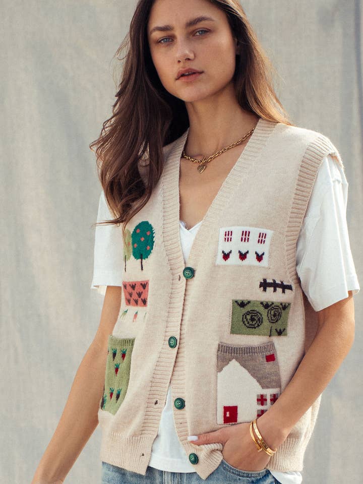 Boho Graphic Knit Vest with Patch Pockets for wholesale by Urban Daizy