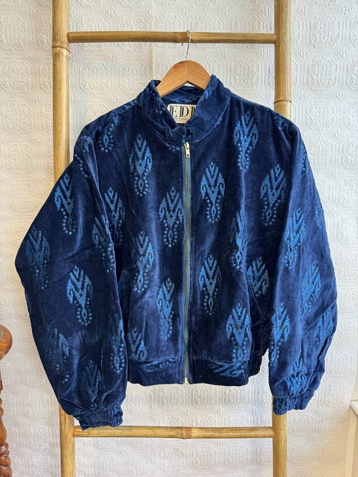 Elegant Royal Navy Ikkat Luxury Embroidered Velvet Tonal Boho Bomber Jacket for wholesale on Faire1