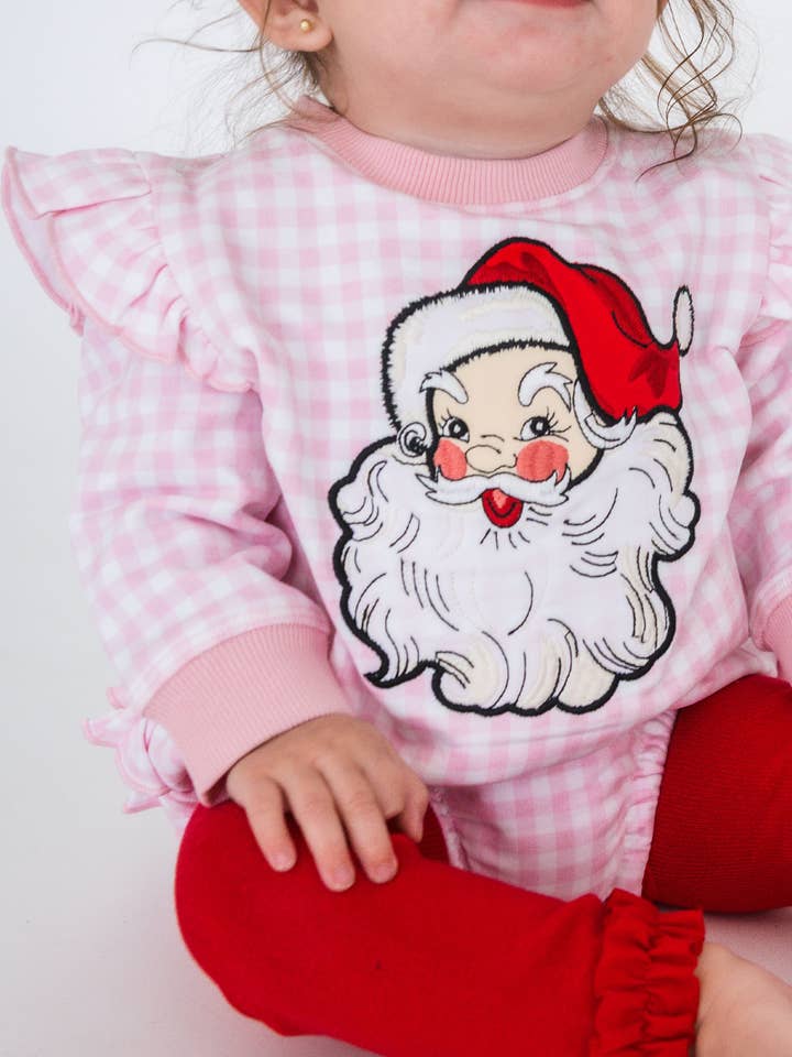 Baby Girls Dear Santa Pink Gingham Applique Sweatshirt Bubble Romper
 for wholesale by RuffleButts + RuggedButts