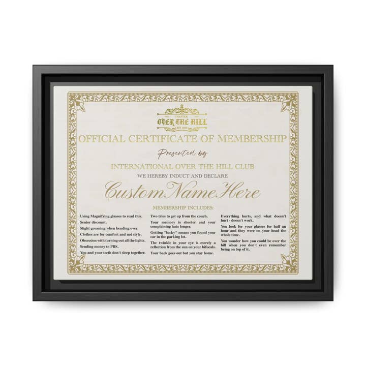 Personalized Over the Hill Membership Certificate for wholesale by My Paper Box