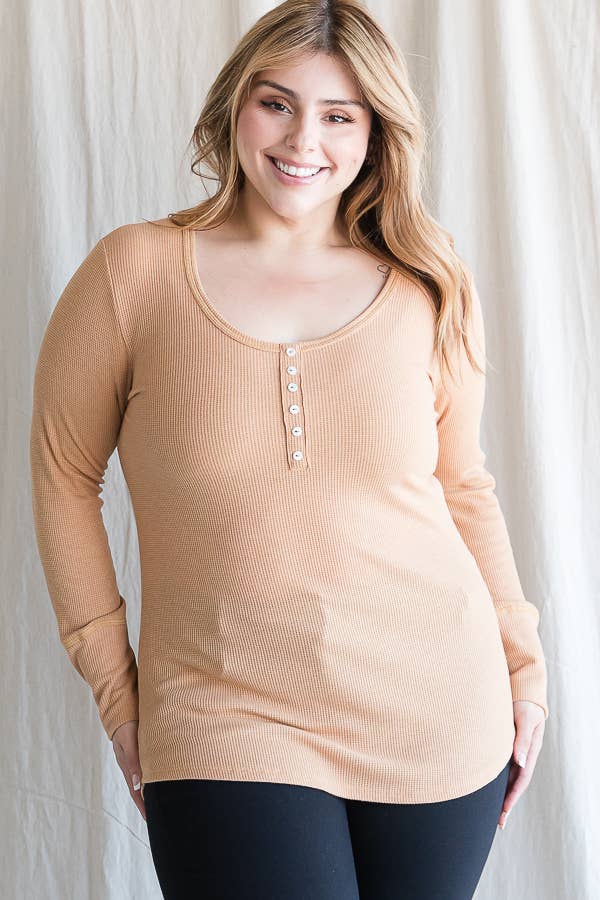 7th Ray - Wholesale Knit Top - Women's - [PLUS SIZE] Thermal Button Front Scoop Neck Top T4316XL11