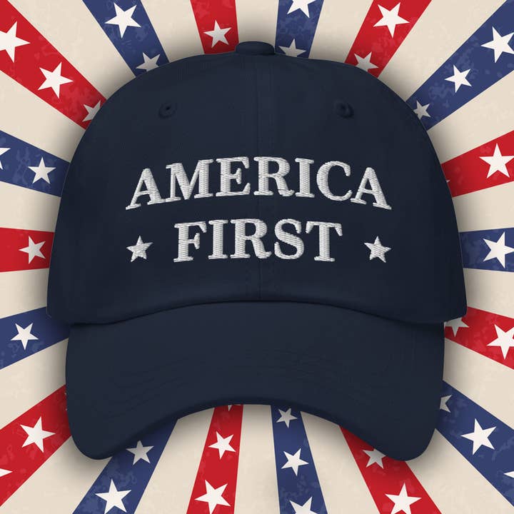 America First Embroidered Dad Cap: USA Patriot, July 4th for wholesale by PositiveParty