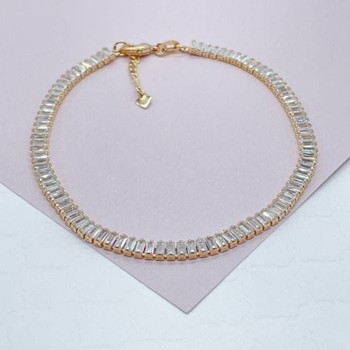 18k GF Baguette Strand Anklet Featuring Clear Cubic Zirconia for wholesale by Milie