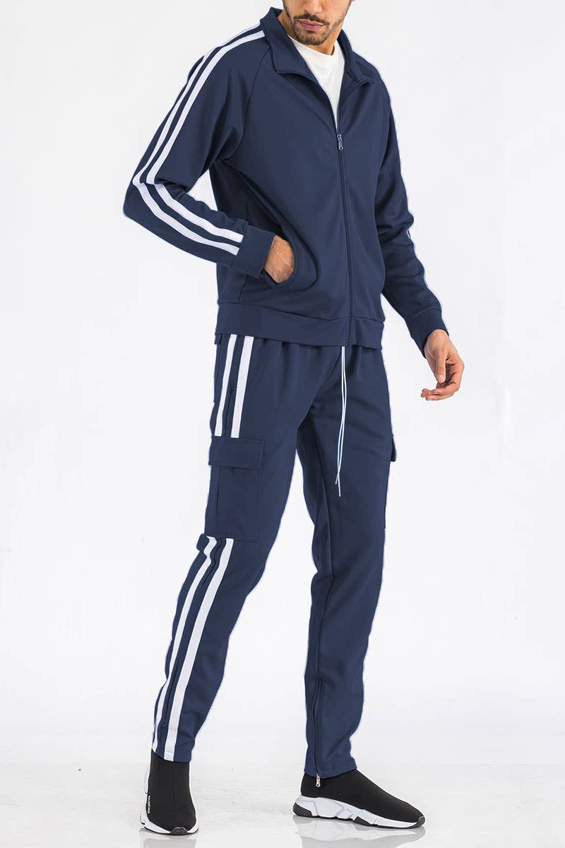 WEIV - Wholesale Tracksuit - Men's - Two Stripe Cargo Pocket Track Suit Set3
