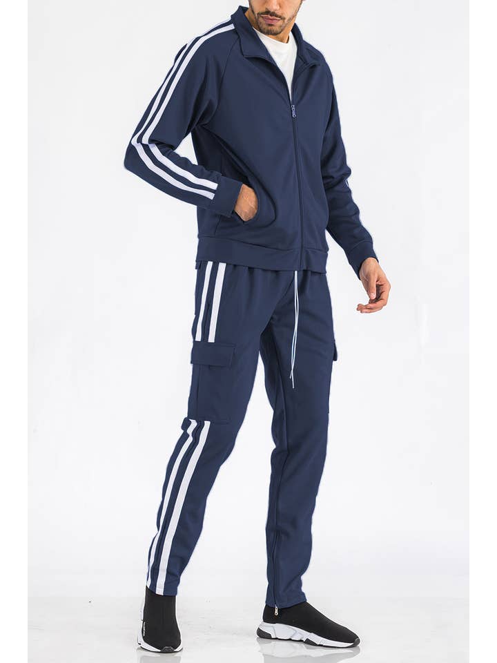 WEIV - Wholesale Tracksuit - Men's - Two Stripe Cargo Pocket Track Suit Set0