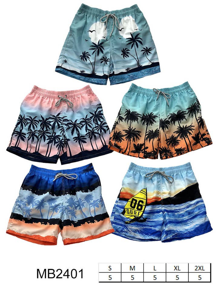 Assorted Men's Palm Tree Landscape Design Beach Shorts/MB2401 for wholesale on Faire