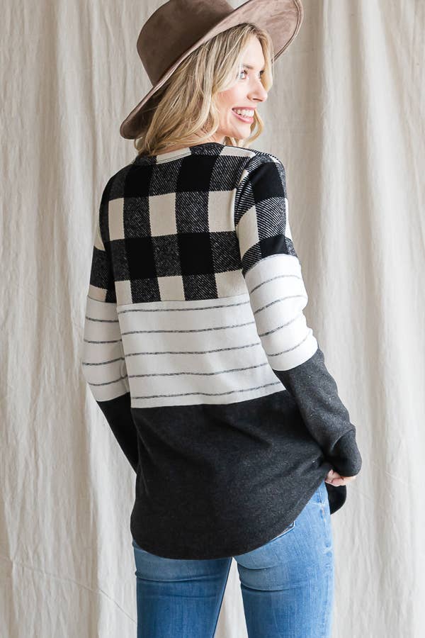 7th Ray - Wholesale Knit Top - Women's - Cozy Color Block Plaid Striped Thumbhole Pullover TopT4423-11