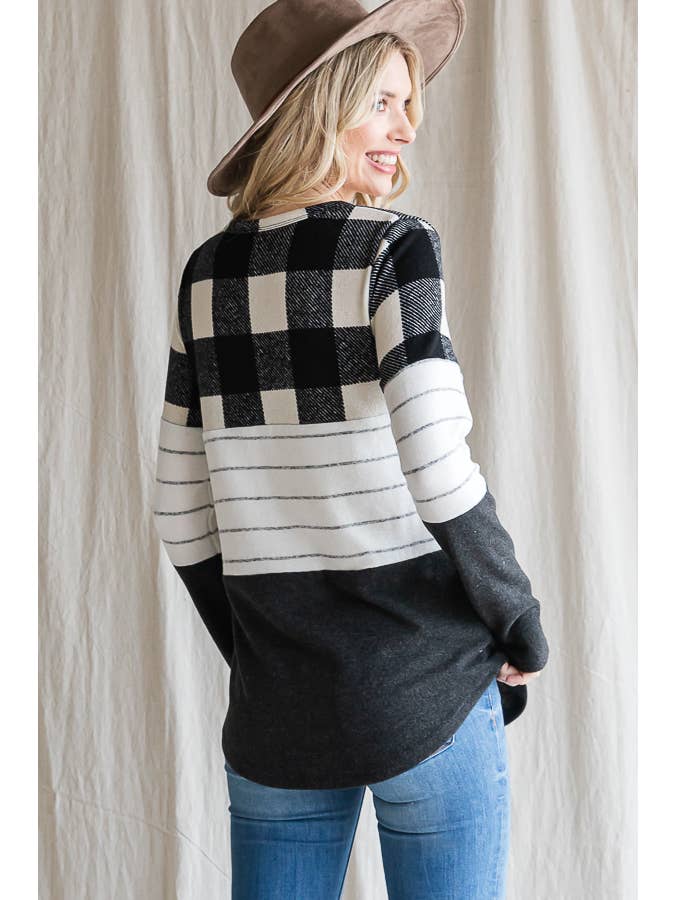 7th Ray - Wholesale Knit Top - Women's - Cozy Color Block Plaid Striped Thumbhole Pullover TopT4423-11