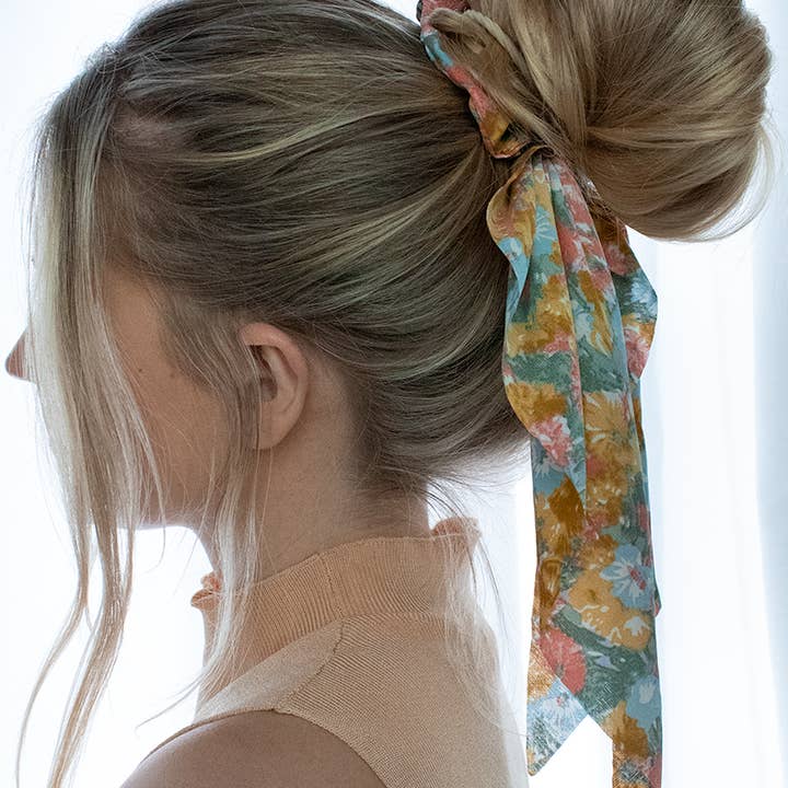 Floral Green And Mustard Hair Scarf for wholesale by Evelyn and Rose