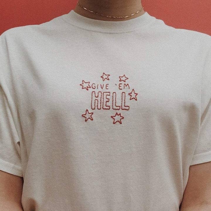 embroidered 'give 'em hell' t-shirt for wholesale by HemmorBroids