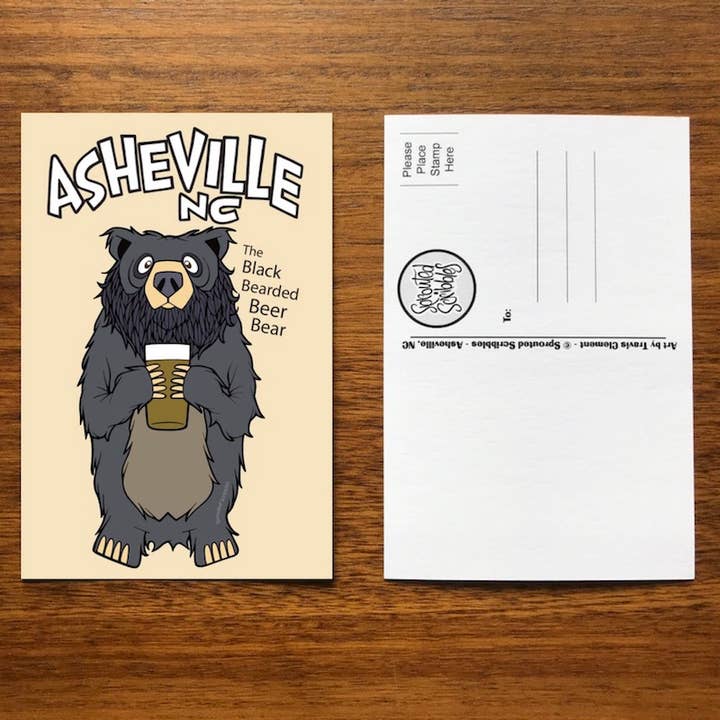 Asheville Postcard - Black Bearded Beer Bear NC for wholesale by Sprouted Scribbles
