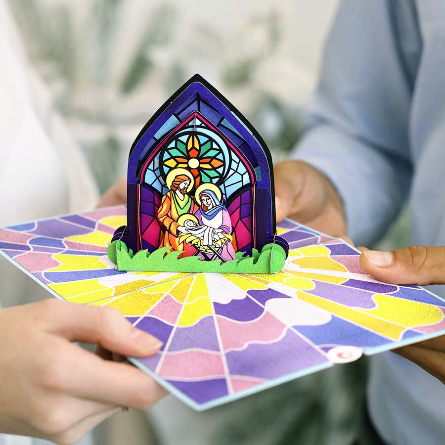 Unipop Cards, LLC - Wholesale Religious Card - Holy Family Stained Glass Pop-Up Card, Christmas pop up card4