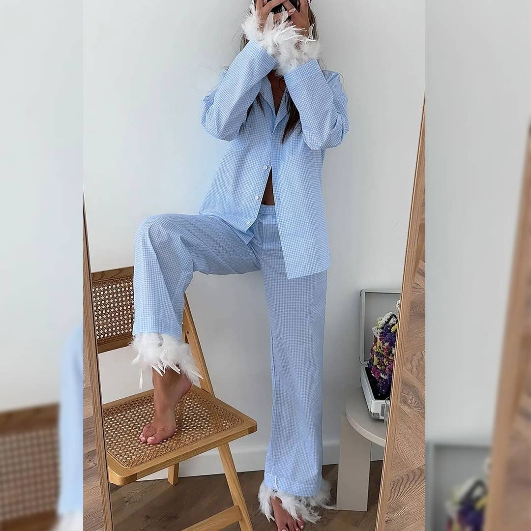 UNISHE - Vente Ensemble de vêtements d'intérieur – femme - Ensemble de pyjama à carreaux ample avec pantalon long à plumes ONK291