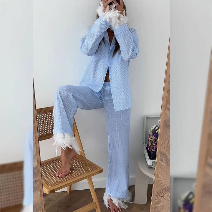UNISHE - Vente Ensemble de vêtements d'intérieur – femme - Ensemble de pyjama à carreaux ample avec pantalon long à plumes ONK291