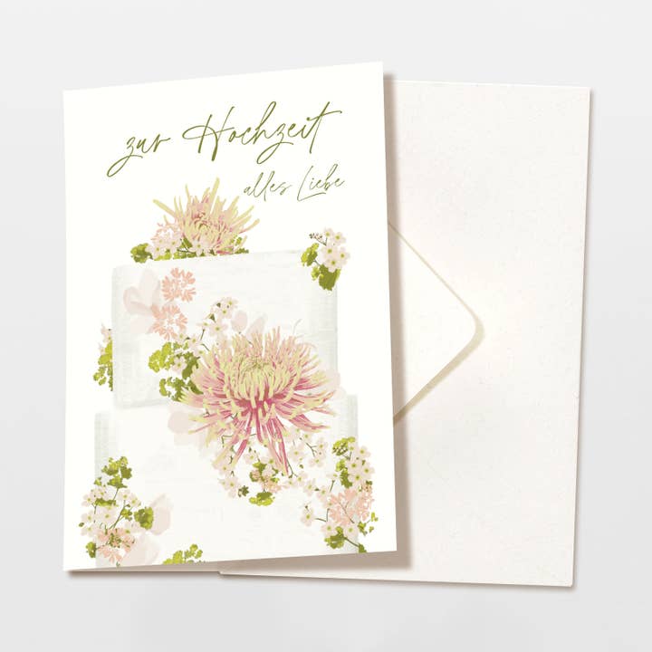 Bryllupskort med kage og blomster, med kuvert, FSC for engroshandel hos Wildblumen Atelier