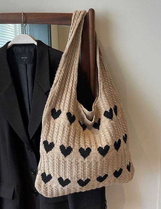 Sweetkama - Wholesale Tote Bag - Women's - Ladies Knit Heart Shpaed One Shoulder Tote Bag SKAB41098