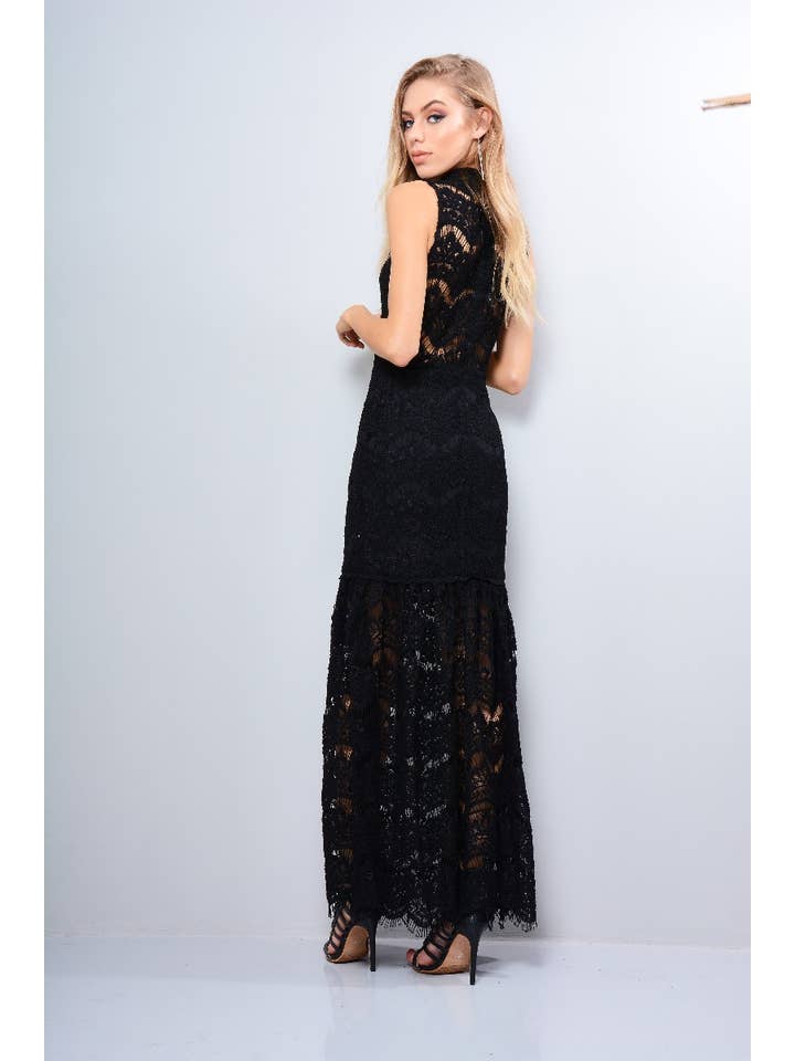 LoveMyStyle - Wholesale Dress - Women's - Lovemystyle Crochet Maxi Dress With Choker Collar In Black1