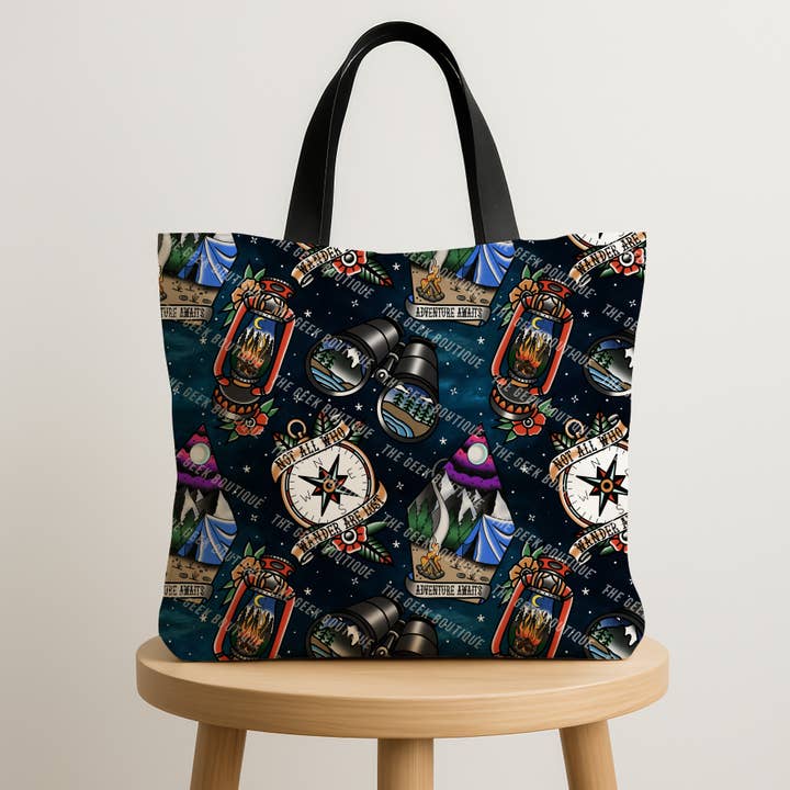 Not All Who Wander Travel Adventure Large Zipper Tote Bag for wholesale by The Geek Boutique
