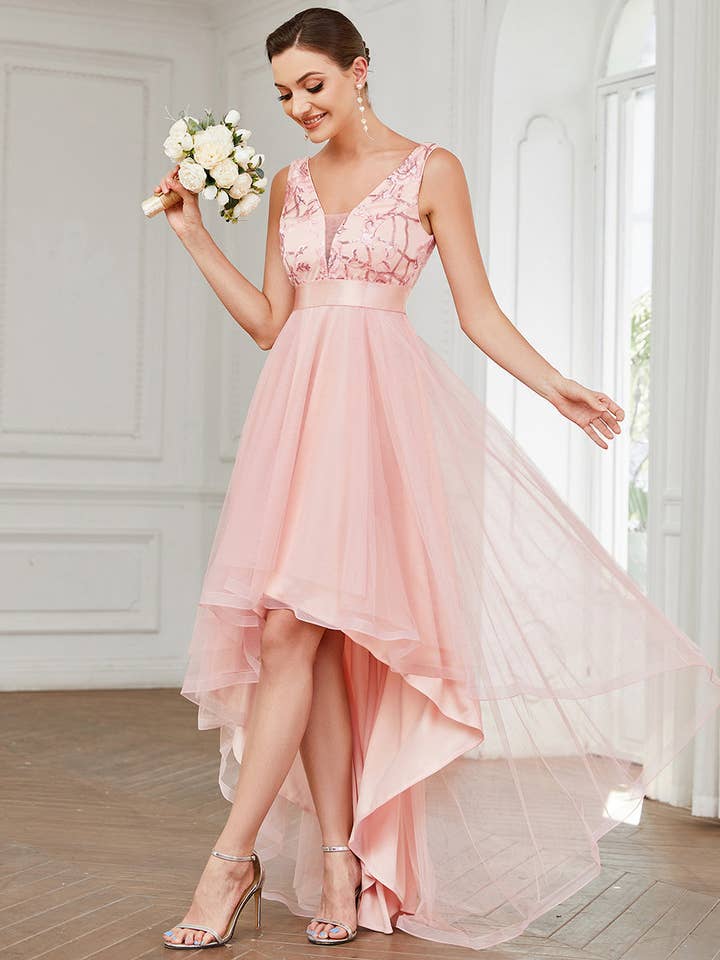Ever-Pretty - Wholesale Gown - Women's - Sequin High-Low V Neck Tulle Dress