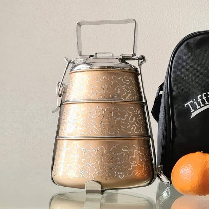 Bedruckter 3-stöckiger Pyramiden-Tiffin-Edelstahl für den Großhandel von Tiffin Spain