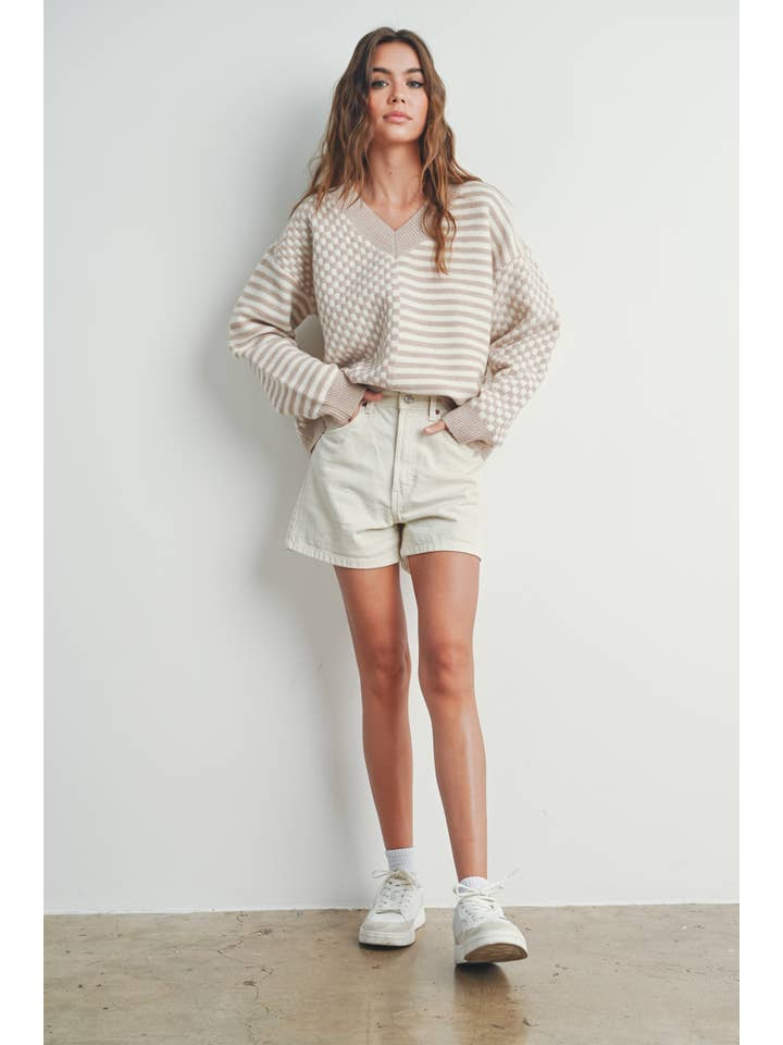 BUTTERMELON - Wholesale Knit Sweater - Women's - Frenchy Checker Pattern Drop Shoulder Sweater - BMW7311
