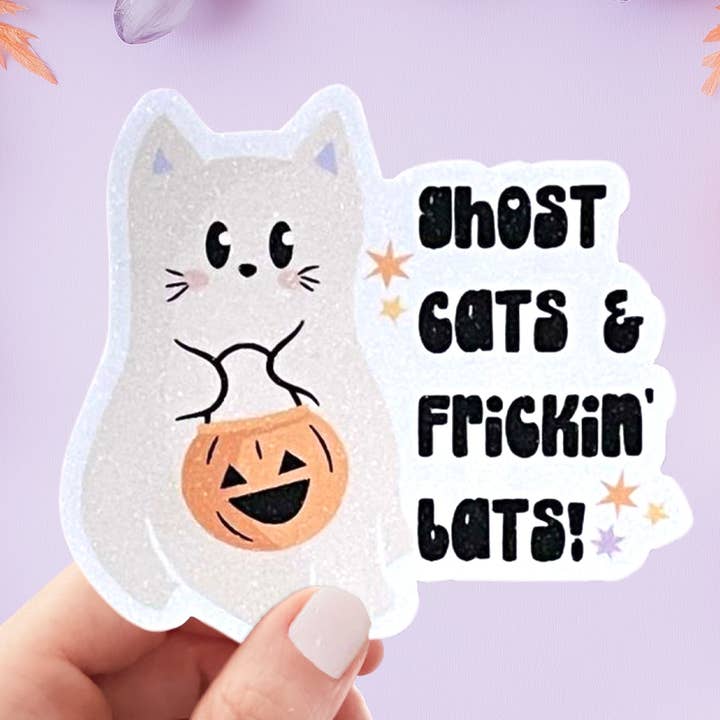 Ghost Cats and Frickin' Bats Halloween Water Bottle Sticker for wholesale by All The Kewt Stickers