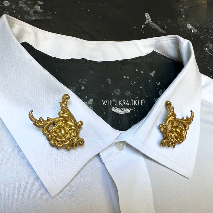 Baroque Rose Brooch – Brass Damask Floral Pin for wholesale by Wild Kraukle