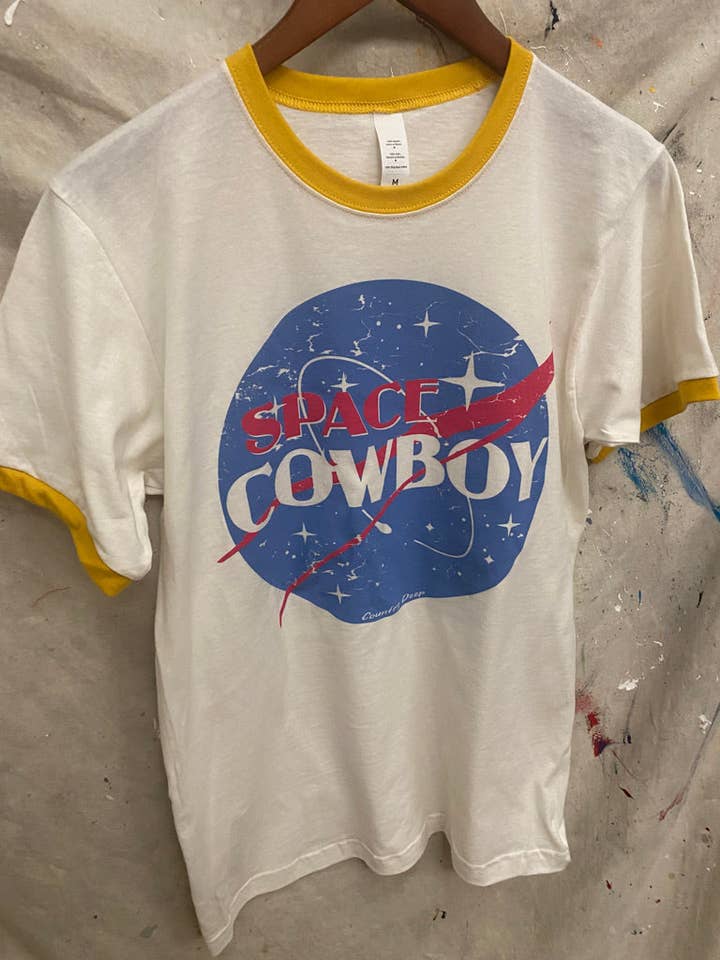 White Yellow Space Cowboy Ringer Vintage unisex T-Shirt for wholesale on Faire2