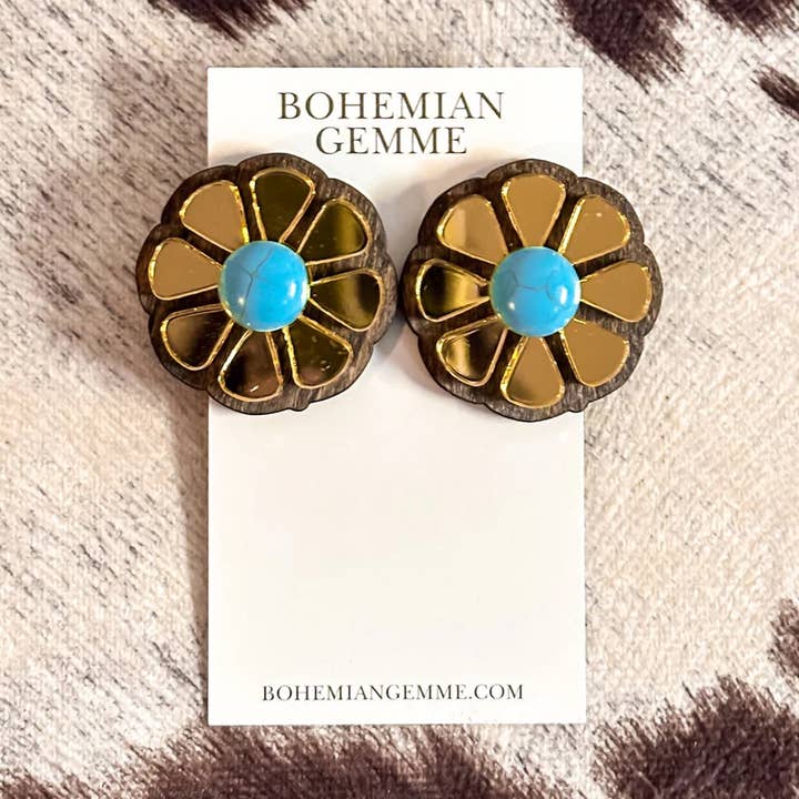 Blair Boucles d'Oreilles Fleur Dorée-Turquoise pour la vente par BOHEMIAN GEMME
